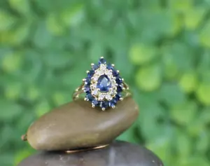 Solid 14K Yellow Gold Ring Sapphire & Diamond Filigree size 9.5 Pear outline - Picture 1 of 11
