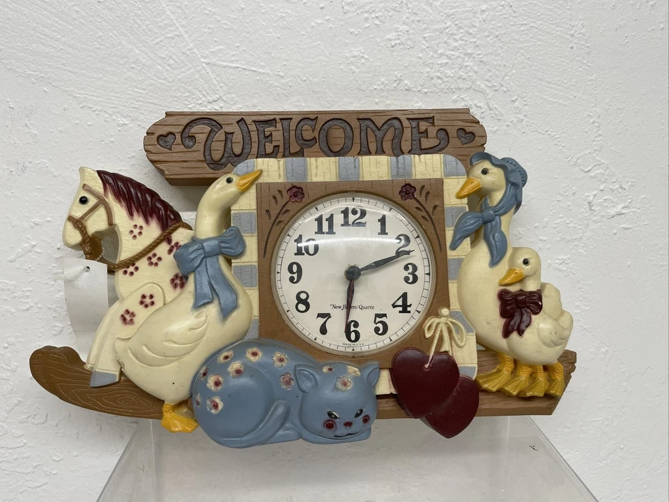 Vintage Burwood Homco New Haven “Welcome” Wall Clock Geese Cat Horse Design USA - Image 1 of 4