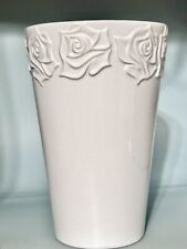 White Vase Germany Glasur-Keramik Embossed Roses 7.5” Tall
