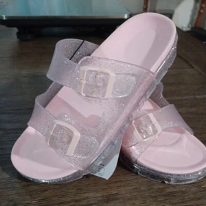 Mädchen Sandalen transparent Glitzer rosa Gummi zwei Schnallen Slide Beachwear Größe 4 neu - Bild 1 von 21