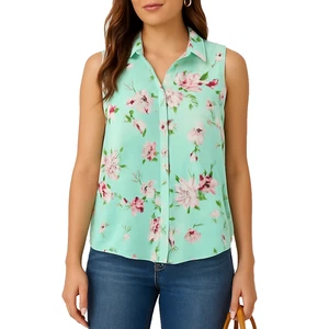 Floral Sleeveless Mint Blouse Womens Size L Sheer Lightweight Button Down Top - Picture 1 of 14