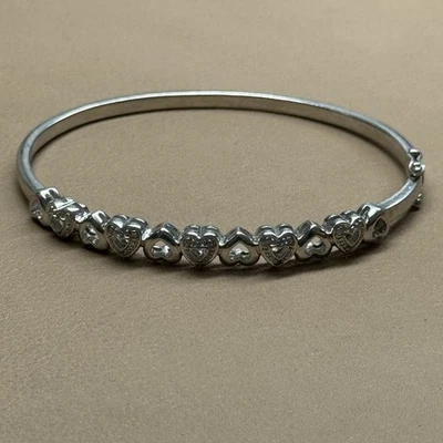 EA 925 Sterling Silver Heart White Diamond Bangle Bracelet 6.75” - Image 1 of 4