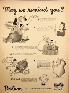 1943 Postum Mealtime Drink Elephant Reminder Cartoon Vintage Print Ad - Picture 1 of 6