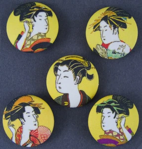 FABRIC COVERED PICTURE BUTTON -SET OF 5 - GEISHA - Picture 1 of 1