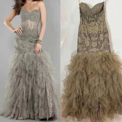 Vestido feminino JOVANI PROM 6534 sem alças glitter champanhe e caramelo tamanho 8” - Imagem 1 de 4