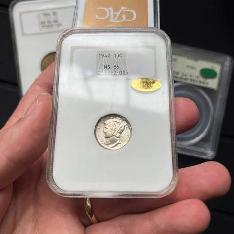 1942 10C MS66 Gold CAC Mercury Silver Dime - NGC Fatty Holder - Very Nice Coin Cover
