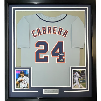 Framed Facsimile Autographed Miguel Cabrera 33x42 Grey Reprint Laser Auto Jersey - Image 1 of 2