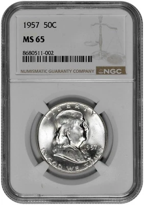 1957 50C Silver Franklin Half Dollar NGC Graded MS 65 White in New Holder - Image 1 of 2