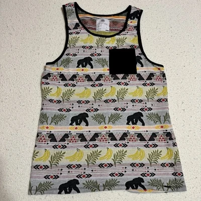 Regata masculina On The Byas sem mangas pequena tropical bananas e gorilas rara - Imagem 1 de 4