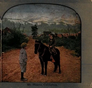 Cute Children Girl On Pony Mount Shasta Hand Tinted Antique Stereo View Card - Picture 1 of 3