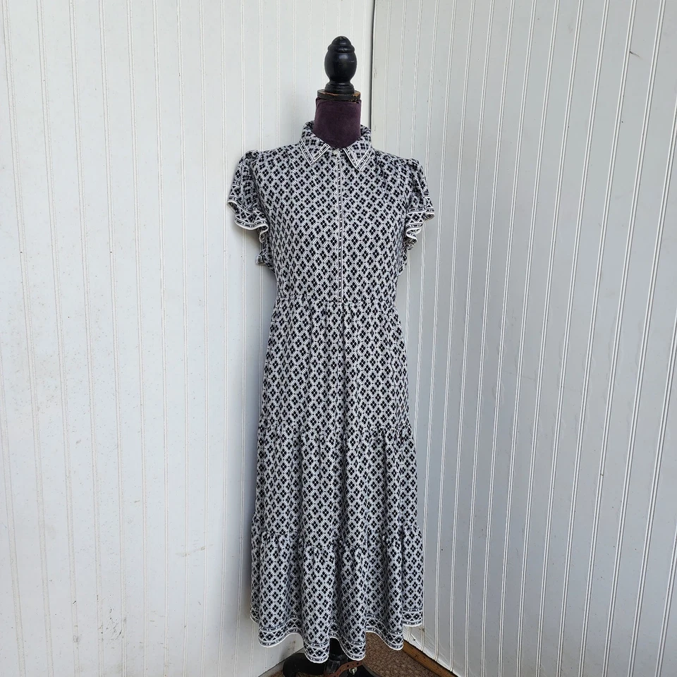 Vestido Max Studio Negro Blanco Floral Manga Volantes Cuello en V Bolsillo Midi Corbata M Foto 1 de 4