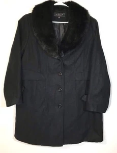 Giacca Women's Wool Blend Long Sleeve Solid Black Trench Duffle Coat Fur Neck 2X - Picture 1 of 7