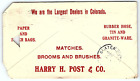 1908 HARRY H POST & CO DENVER COLORADO WHOLESALE PAPER & BAGS ENVELOPE Z892
