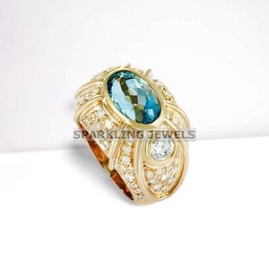 AAA+ Blue Topaz Oval Cut With 925 Silver Gold Plated Ring For Men #452 # - Picture 1 of 5