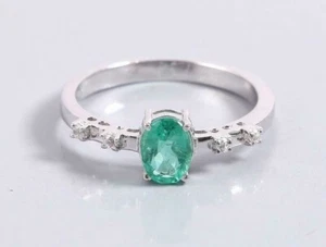 Natural Emerald Solitaire Ring Silver Emerald Ring 1.1 Ct Emerald Promise Ring - Picture 1 of 4