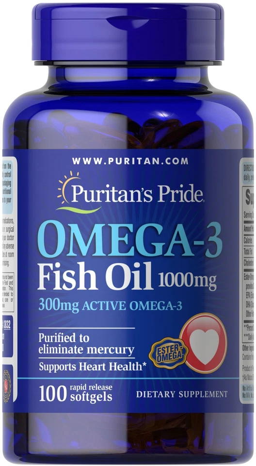 Puritan's Pride Omega-3 Fish Oil 1000 mg (300 mg Active Omega-3) - 100 Softgels - Image 1 of 1