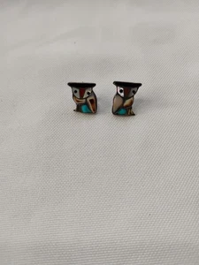 Pendientes de Colección Zuni Nativo Americano Plata Esterlina Multi Piedra Incrustación Búho - Imagen 1 de 5