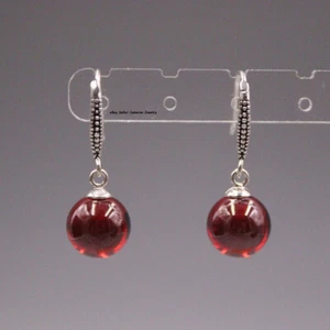 Pure S925 Sterling Silver Red Garnet Women Lucky Round Ball Dangle Earrings - Picture 1 of 4