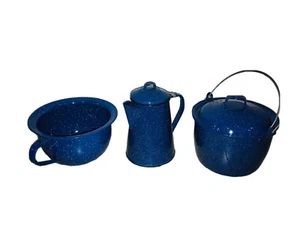 Tapa de tazón de caldera vintage esmaltado con moteas granito metal olla azul USADA - Imagen 1 de 12