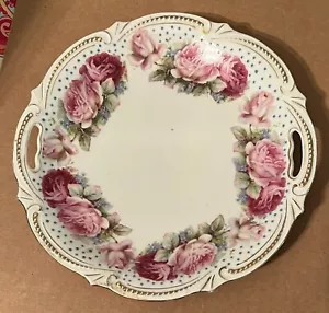 Antik Schlesien rosa Blumen Goldrand Königszelt 9" Henkel Teller - Bild 1 von 3