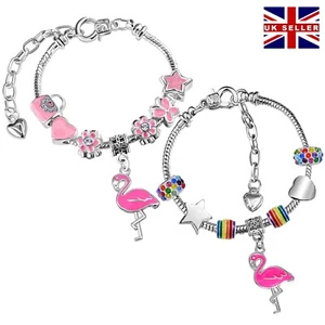 Flamingo Theme Adjustable Silver Plated Charm Bracelet & Gift Box Girls Womens - Picture 1 of 21