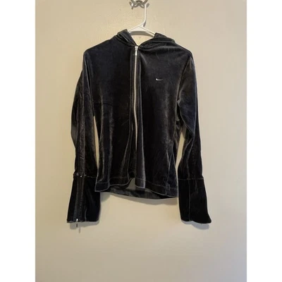 Sudadera con Capucha Nike Para Mujer Talla L Terciopelo Gris Oscuro Cremallera Completa Estilo Años 90 Y2K Foto 1 de 4