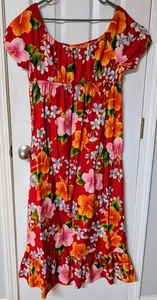 Vtg HUKILAU FASHIONS Hawaiian Dress Size 14 Red Floral Hibiscus Orange Pink EUC - Picture 1 of 11