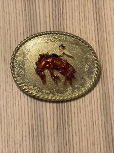 Vintage 1978 Rodeo Horse Bull belt buckle brass By Raintree Cowboy - Picture 1 of 4