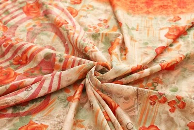 Tela artesanal vintage naranja crepé seda estampado sari borde liso floral sari Foto 1 de 3