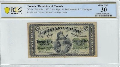 1870 Dominion of Canada ¢25 DC-1c PCGS VF-30 Plain No Plate Letter, Stained - Image 1 of 2