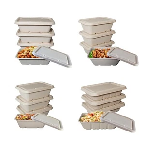 Deep Disposable Rectangle Bowls with Fiber Lids Compostable Take Out Containers - Picture 1 of 5