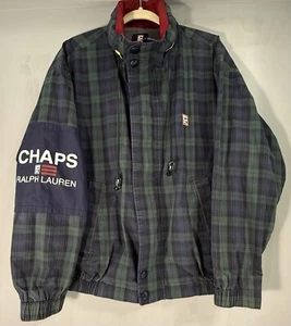 VintageChaps Ralph Lauren Lined Hooded Jacket Men Large Green Blue Plaid - Picture 1 of 11