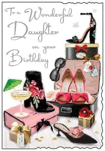 Jonny Javelin Daughter Birthday Card - Pink & Black Shoes Glitter Foil 9x6.25" - Picture 1 of 2