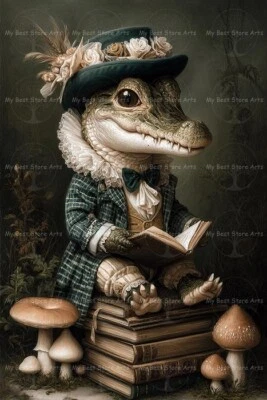 IMPRESIÓN ARTÍSTICA DE COCODRILO BOOKISH, póster de cocodrilo, decoración de animales, fantasía cottagecore Foto 1 de 2