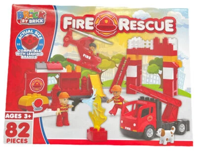 BRICK BY BRICK FIRE RESCUE SET 82 PIECES AGES 3+  STATION HELICOPTER FIRE ENGINE - Image 1 of 2
