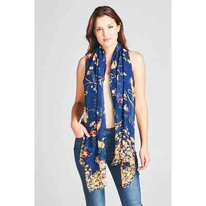 Birds and Cherry Blossom Printed Lightweight Scarf Wrap Navy Blue Yellow - Picture 1 of 5