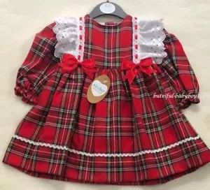 UK Made Baby Girls Spanish Style Traditional Red Bows Tartan Frilly Dress 12-18M - Picture 1 of 2