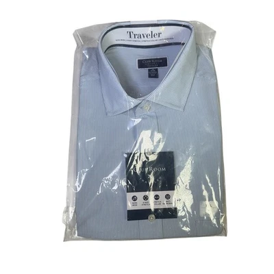 Camisa de vestir Club Room para hombre ajuste regular viajero rayas finas azul 18 34-35 $60 Foto 1 de 4