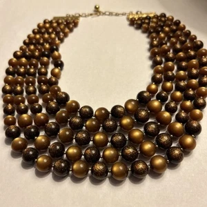 VTG Crown Trifari Gold Fleck Brown Lucite 5 Strand Beaded Necklace 16 - 18" - Picture 1 of 13