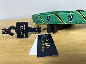 Polo Ralph Lauren Green Polo Bear Dark Brown Leather Men's Ribbon Belt Sz 38 New - Picture 1 of 24