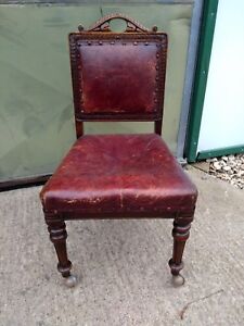 Small Period Ox Blood Leather Occasional Hallway Chair With Attractive Carvings
