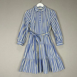 Eliza J Womens Dress 2 Blue Stripe Shirt Tie Belt Work Tiered Coastal Nautical - Picture 1 of 16