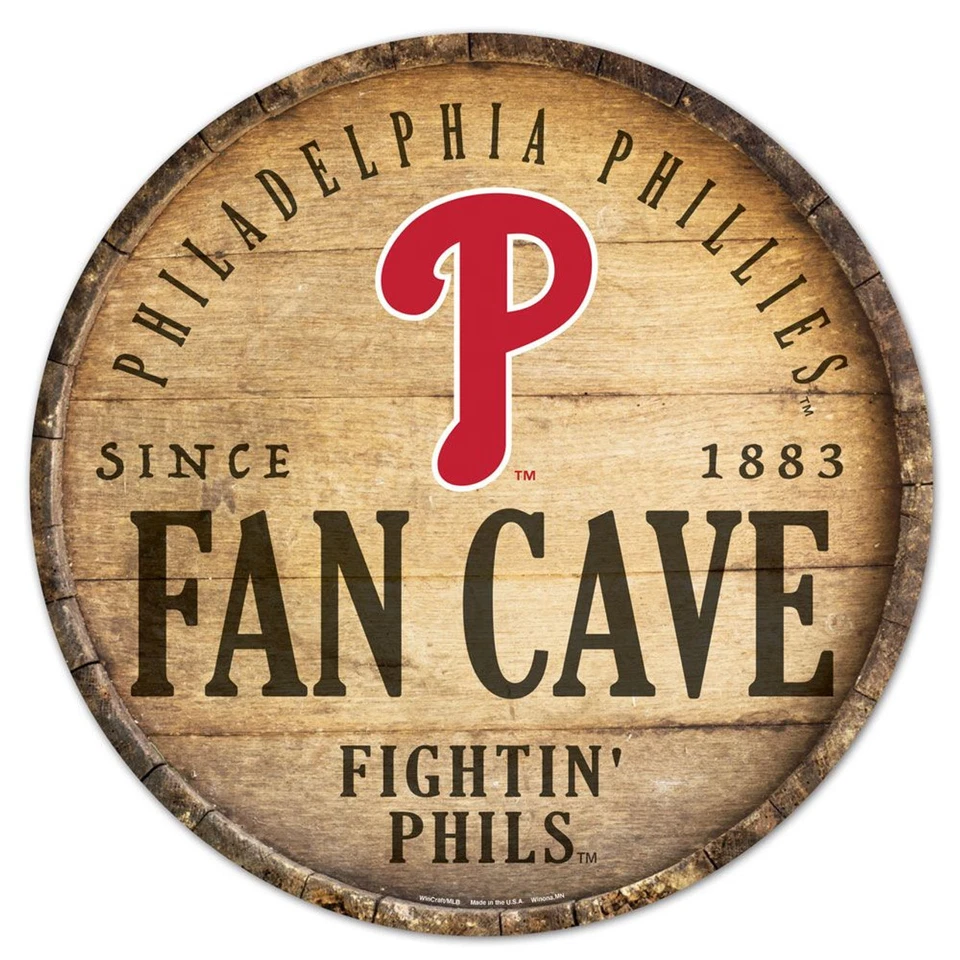 MLB Philadelphia Phillies Fan Cave 14 Inch Round Barrel Top Wooden Sign - Image 1 of 1