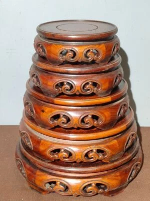 12" 5 peças base de vaso de flores oca padrão madeira madeira antiga dinastia chinesa Huali - Imagem 1 de 4