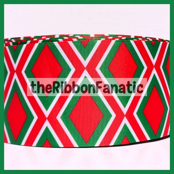 3 yds 3" Red Green White Diamond Argyle Christmas Grosgrain Ribbon - Image 1 of 1