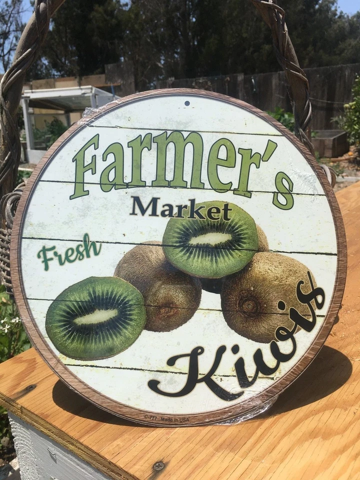 Farmers Market Fresh Kiwis Round Sign Tin Vintage Garage Bar Decor Old Rustic - Image 1 of 1