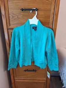 Womens RN Studio Open Front Sweater Cardigan Shrug Crop 3/4 Sleeve M Teal Green - Picture 1 of 7