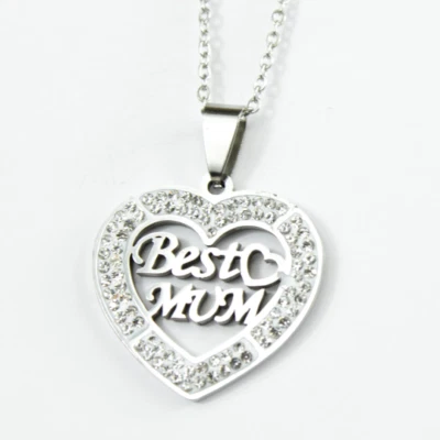 White Gold Finish Created Diamond "Best Mum" Heart Design Pendant Necklace - Image 1 of 4