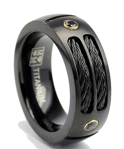 8MM Black Titanium Ring Wedding Band with Black Cubic Zirconia and Black Cable - Picture 1 of 5