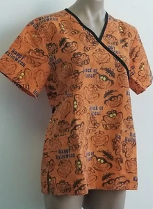Disney HALLOWEEN Chesire Cat Mock Wrap Scrub Top Sz S Medium Alice in Wonderland - Picture 1 of 7